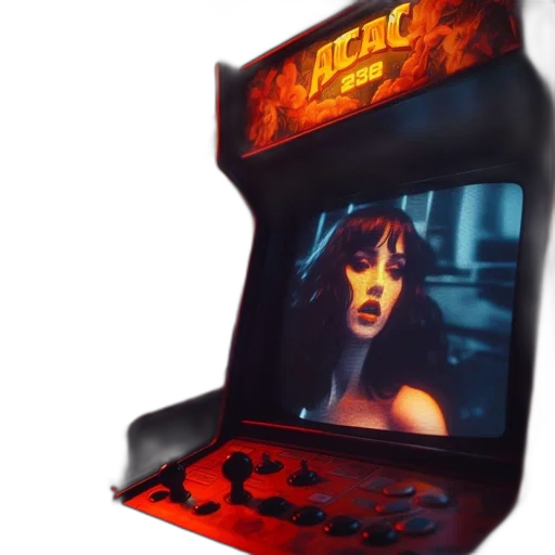3d render, cyberpunk, concept art, photorealistic, neon lights, fire, old-style, arcade transparent PNG cut-out