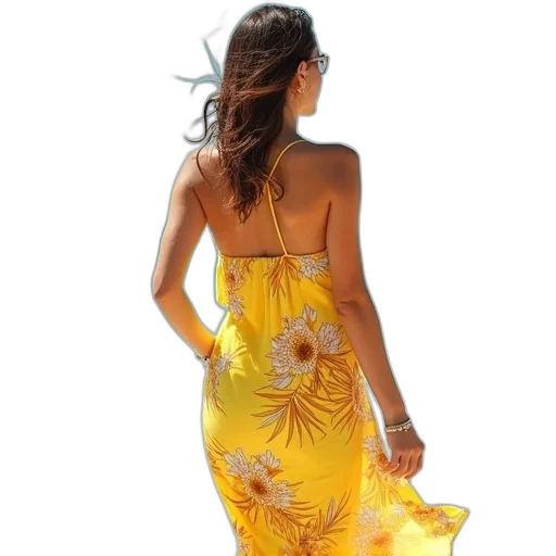 dress, golden, woman, yellow, flower, print, beach, cover transparent PNG cut-out
