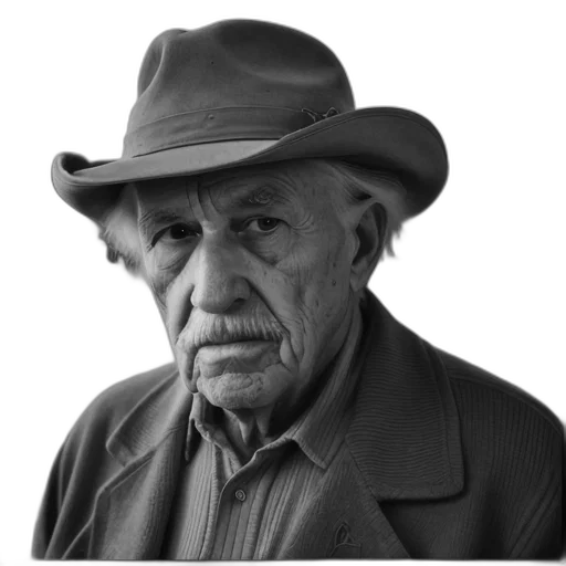 hat, face, jacket, staff, photorealistic, close-up, portrait, elderly transparent PNG cut-out