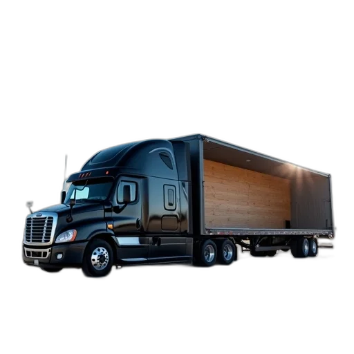 furniture, 3d render, photorealistic, black, semi-truck, trailer, parked, concrete transparent PNG cut-out