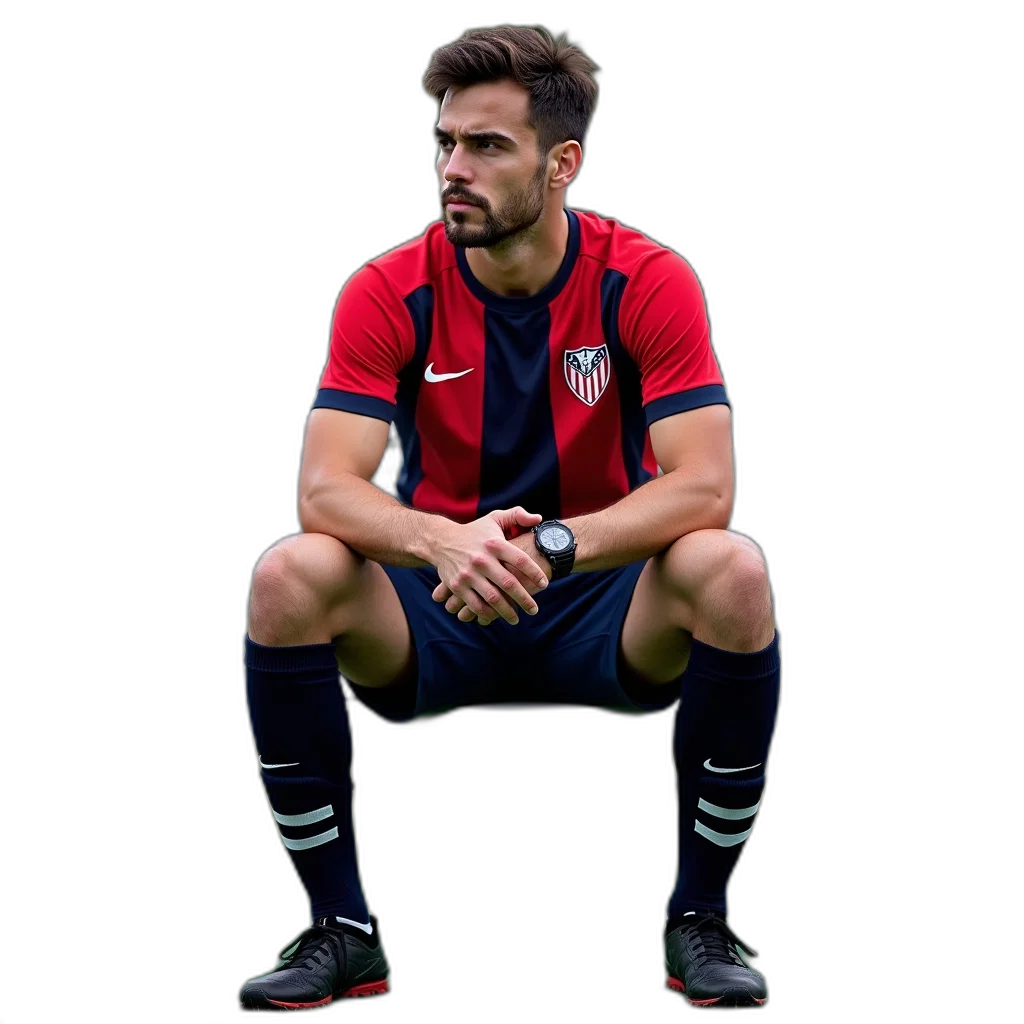 male, soccer, player, sitting, bench, his, legs, crossed transparent PNG cut-out