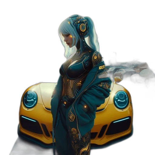 car, robot, dress, jewelry, concept art, fantasy art, cyberpunk, 3d render transparent PNG cut-out