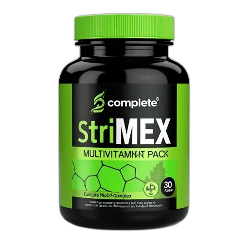 close-up, image, strimex, multivitamin, pack, green, black, label transparent PNG cut-out