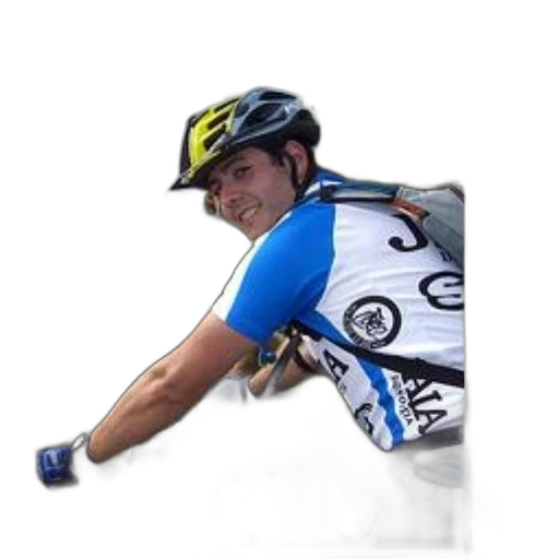 staff, photorealistic, cyclist, wearing, helmet, white, blue, jersey transparent PNG cut-out