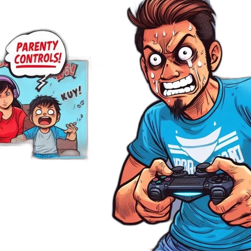 comic book art, concept art, cartoon, pixel art, anxious, man, plays, intense transparent PNG cut-out