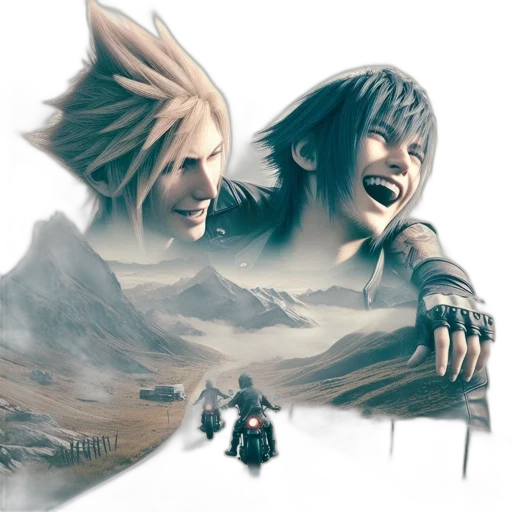 concept art, fantasy art, two, animated, characters, contrasting, hairstyles, outfits transparent PNG cut-out