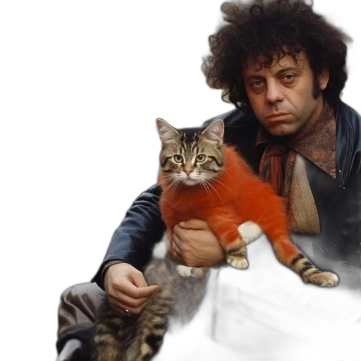 animal, jacket, photorealistic, man, curly, hair, holds, cat transparent PNG cut-out