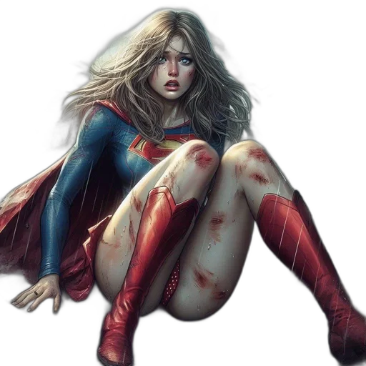 comic book art, concept art, fantasy art, photorealistic, distressed, superheroine, injured, surrounded transparent PNG cut-out