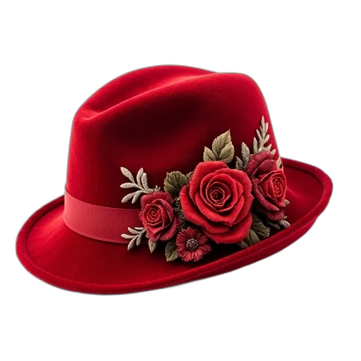 hat, crown, flower, jewelry, red, velvet, floral, pattern transparent PNG cut-out