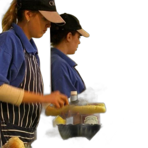 staff, food, two, women, blue, shirts, black, hats transparent PNG cut-out