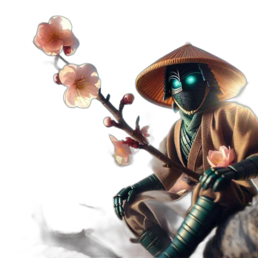 mask, staff, umbrella, flower, concept art, fantasy art, cyberpunk, pixel art transparent PNG cut-out