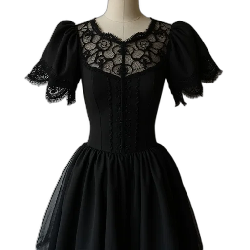 dress, dark, monochrome, black, short-sleeved, lace-trimmed, fitted, bodice transparent PNG cut-out