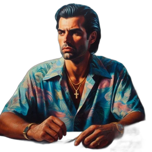 jacket, face, jewelry, staff, photorealistic, oil painting, concept art, vaporwave transparent PNG cut-out