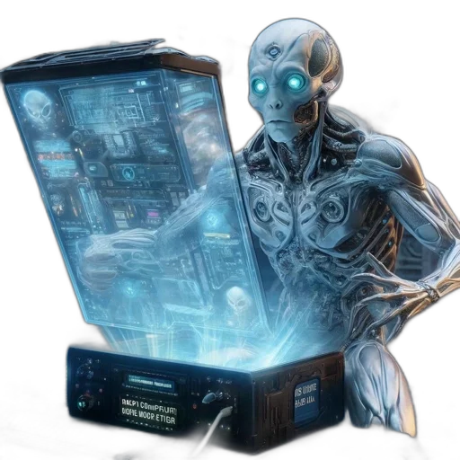 robot, cyberpunk, concept art, 3d render, comic book art, humanoid, glowing, blue transparent PNG cut-out