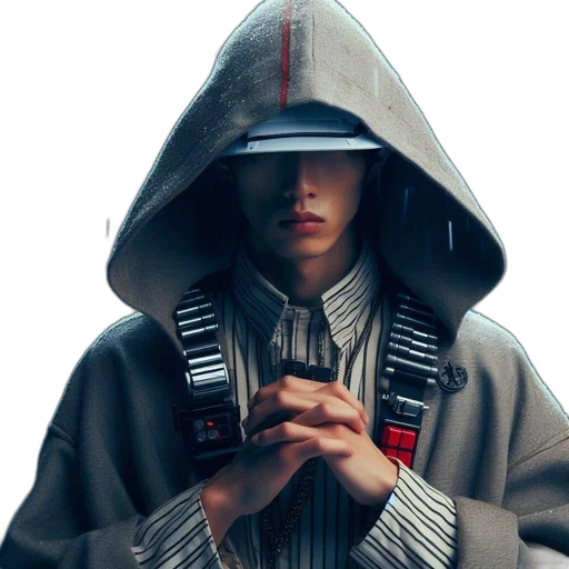 jacket, face, staff, robot, cyberpunk, photorealistic, concept art, dark transparent PNG cut-out