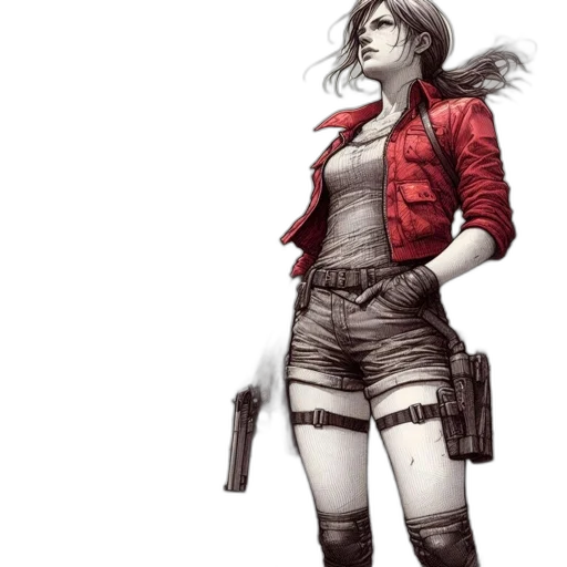 jacket, weapon, concept art, comic book art, cyberpunk, fantasy art, red, barren transparent PNG cut-out