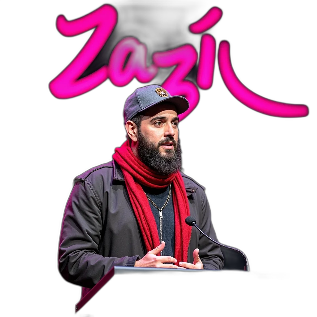 jacket, staff, concept art, red, man, beard, standing, podium transparent PNG cut-out
