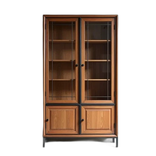 furniture, 3d render, wooden, cabinet, glass, doors, metal, frame transparent PNG cut-out