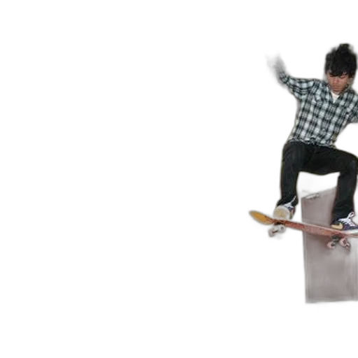 3d render, photorealistic, concept art, skateboarder, plaid, shirt, jeans, performs transparent PNG cut-out