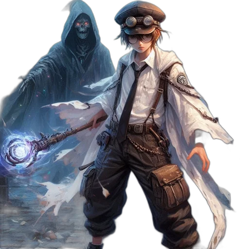 staff, weapon, jacket, hat, concept art, fantasy art, cyberpunk, comic book art transparent PNG cut-out
