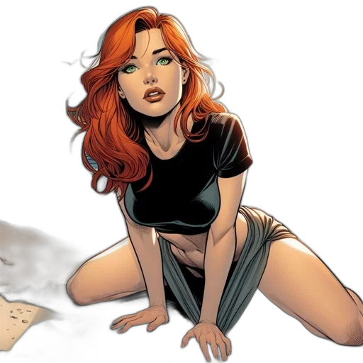 comic book art, concept art, cartoon, earth tones, woman, red, hair, sits transparent PNG cut-out