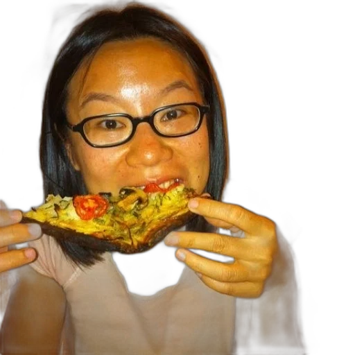 food, face, woman, glasses, eating, slice, pizza, tomatoes transparent PNG cut-out