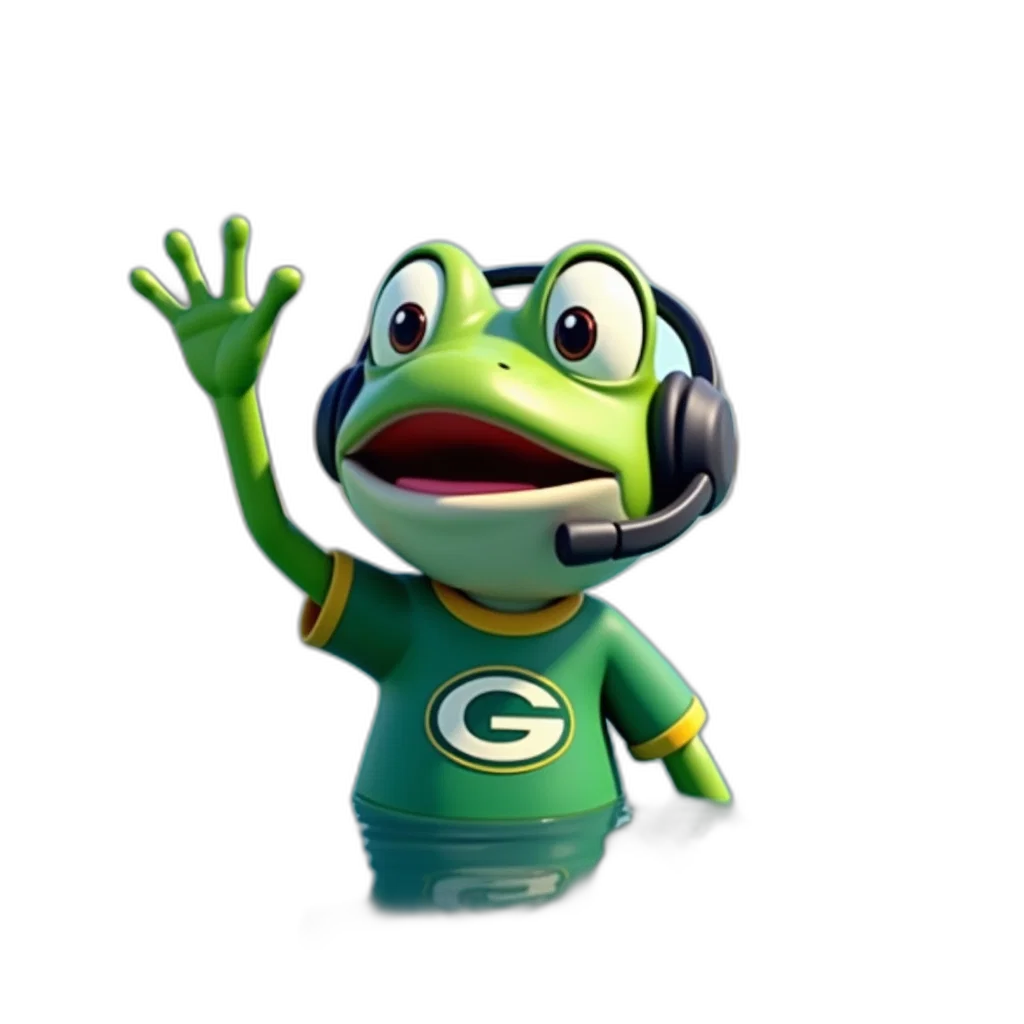 3d render, cartoon, character, frog, wearing, headset, green, shirt transparent PNG cut-out