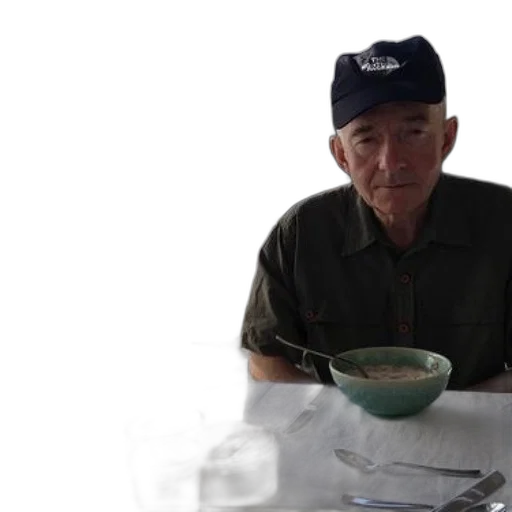 hat, staff, food, older, man, enjoys, breakfast, outdoors transparent PNG cut-out