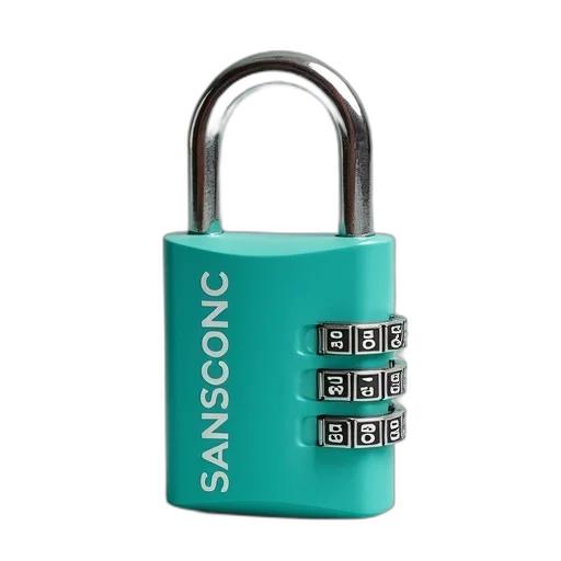 teal-colored, padlock, silver, shackle, red, white, logo, side transparent PNG cut-out