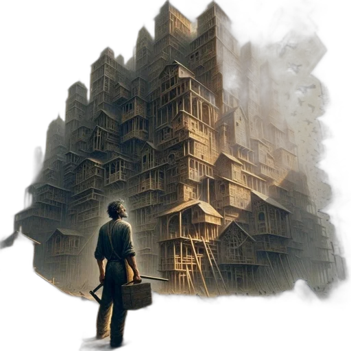 building, concept art, fantasy art, 3d render, comic book art, fog, city street, cityscape transparent PNG cut-out