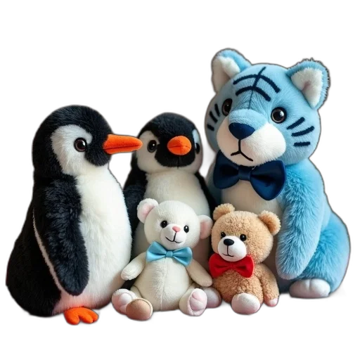 collection, stuffed, animals, arranged, plaid, blanket, there, three transparent PNG cut-out