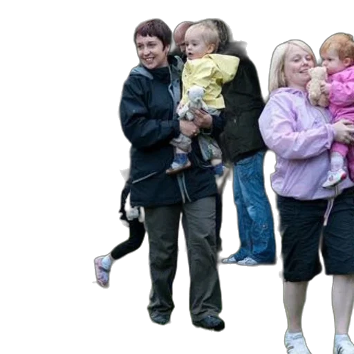 3d render, photorealistic, group, people, including, children, walk, together transparent PNG cut-out