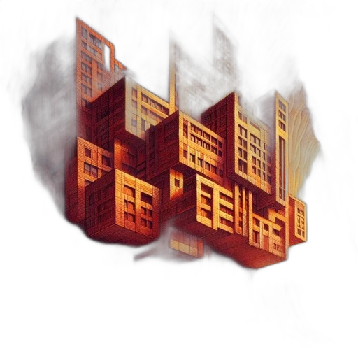 building, furniture, pixel art, concept art, cyberpunk, 3d render, fire, surrealistic transparent PNG cut-out