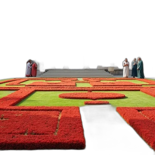 3d render, red, group, people, standing, front, ornate, building transparent PNG cut-out