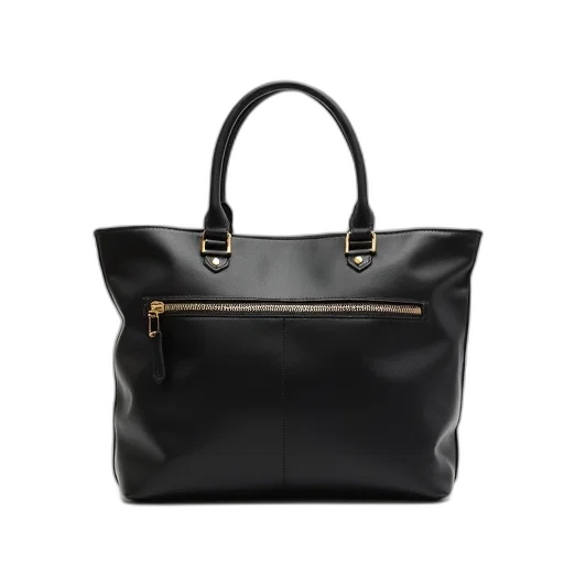 black, leather, tote, bag, gold, zipper, buckle, handle transparent PNG cut-out