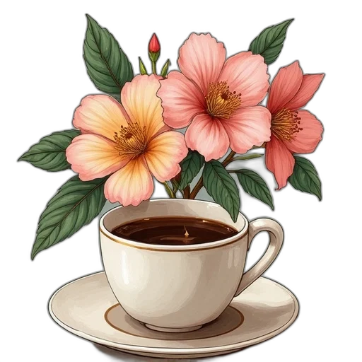 flower, photorealistic, 3d render, oil painting, watercolor, coffee, cup, flowers transparent PNG cut-out