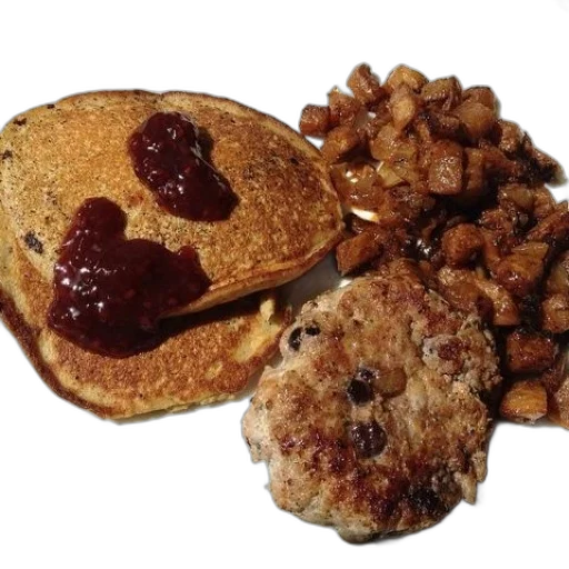 food, plate, pancakes, topped, jam, sausage, patty, hash transparent PNG cut-out