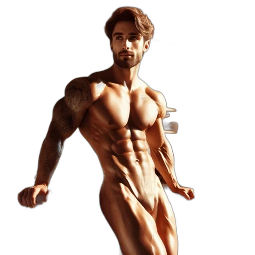 photorealistic, 3d render, concept art, tattooed, man, stands, prominently, brightly transparent PNG cut-out