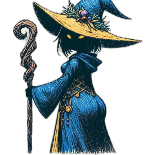 staff, hat, mask, dress, concept art, fantasy art, comic book art, watercolor transparent PNG cut-out