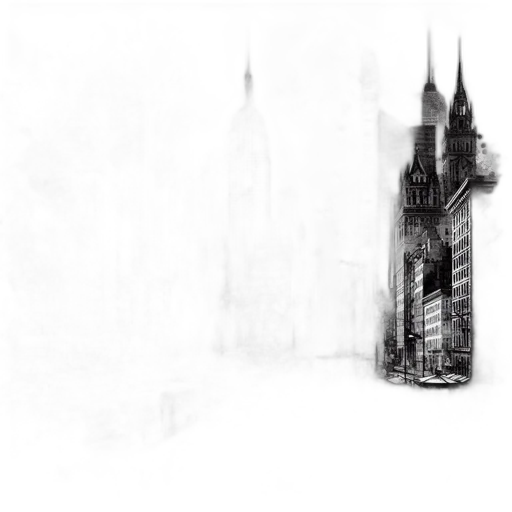 building, concept art, pencil sketch, fantasy art, photorealistic, fog, city street, monochrome transparent PNG cut-out