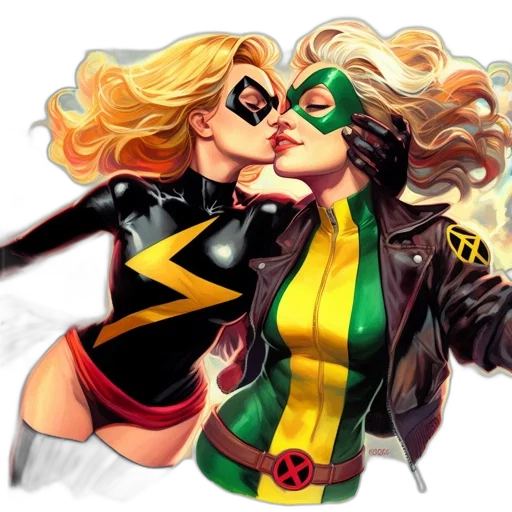 comic book art, concept art, cartoon, two, female, superheroes, passionately, embrace transparent PNG cut-out