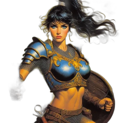 fantasy art, comic book art, concept art, photorealistic, golden, female, warrior, blue transparent PNG cut-out