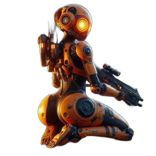 robot, weapon, concept art, 3d render, cyberpunk, pixel art, golden, orange transparent PNG cut-out