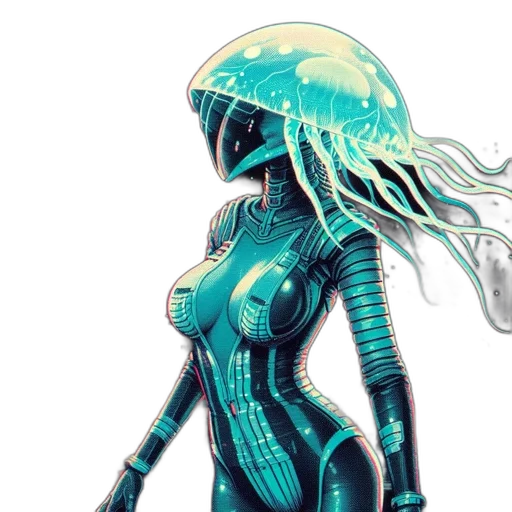 robot, dress, concept art, cyberpunk, comic book art, pixel art, underwater, outer space transparent PNG cut-out