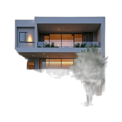 building, 3d render, photorealistic, concept art, fog, fire, night, city street transparent PNG cut-out