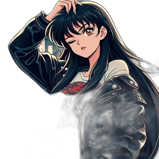 jacket, weapon, hair, face, anime, vaporwave, concept art, pixel art transparent PNG cut-out