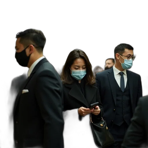 mask, cyberpunk, bustling, subway, station, numerous, people, wearing transparent PNG cut-out