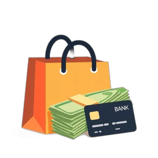 stylized, illustration, shopping, bag, credit, card, stack, money transparent PNG cut-out