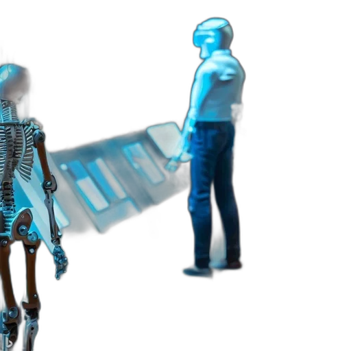 robot, dress, staff, 3d render, concept art, cyberpunk, vaporwave, outer space transparent PNG cut-out