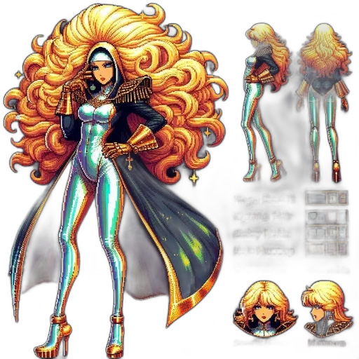 hair, concept art, comic book art, fantasy art, pixel art, golden, colorful, neon transparent PNG cut-out